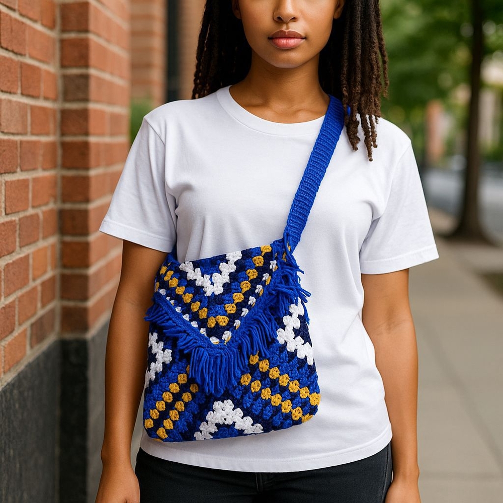 Handcrafted Blue and White Crochet Shoulder Bag